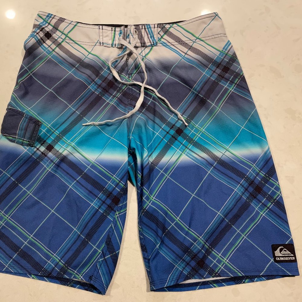 Embroidered Quicksilver Board Shorts Swimming Trunks Plaid Blue Men's Size 31